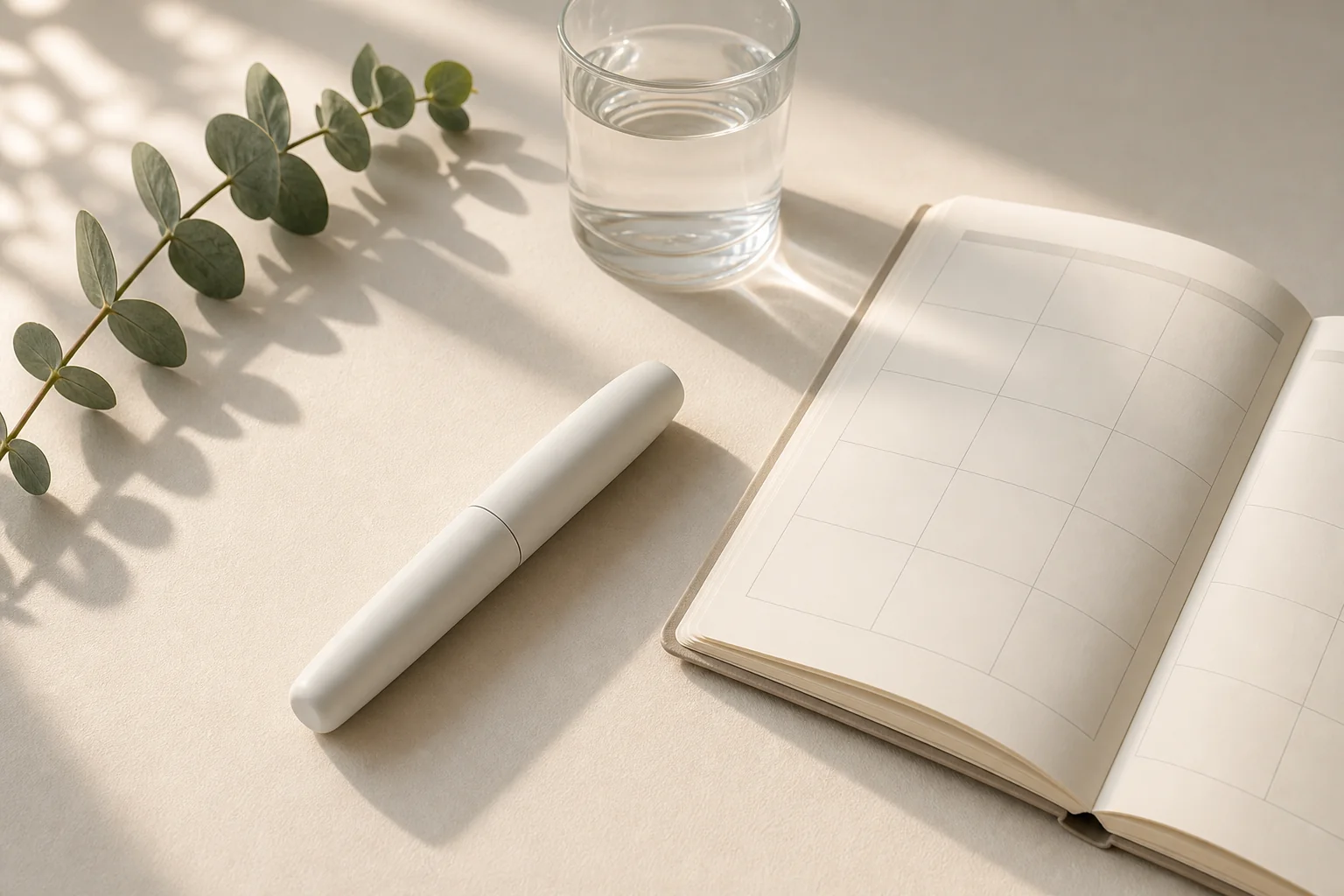 A single sleek, unbranded weekly injection pen resting on a cream surface beside an open weekly planner and a glass of water in soft morning light