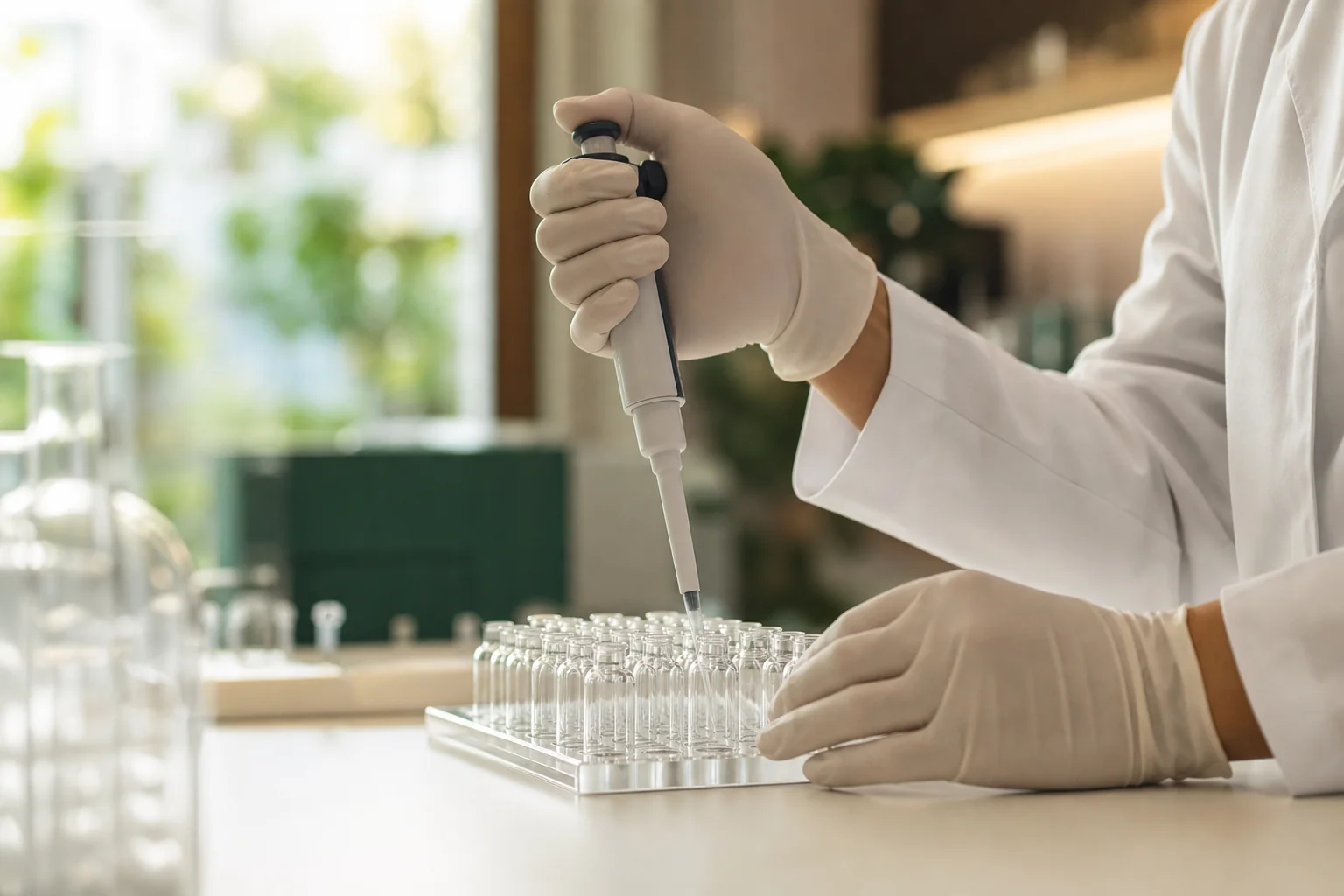 Gloved hands working with a row of small unlabeled glass vials in a softly lit research laboratory